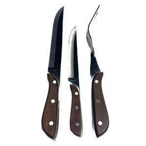 3 Vintage Stainless Steel Carving Meat Fork, 2 Knifes Brown Wooden Handles Japan